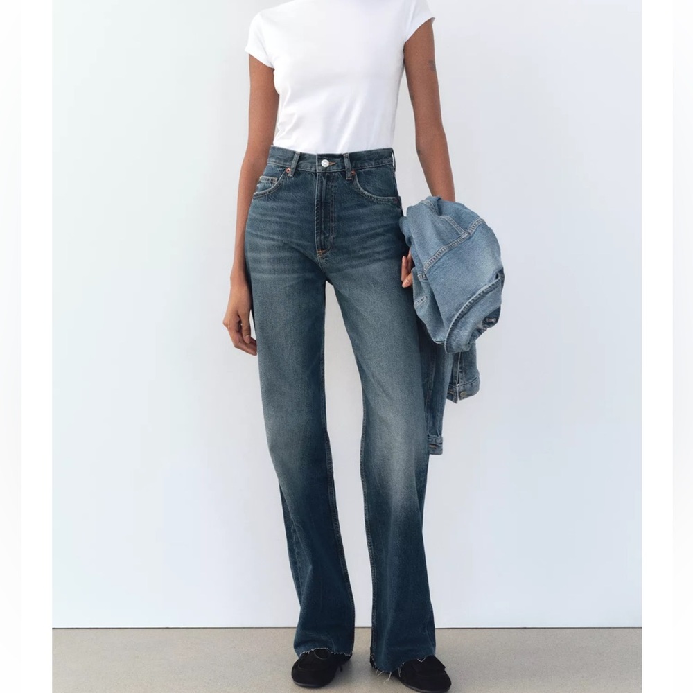 Zara Dark Blue Flare Wide-Leg Jeans